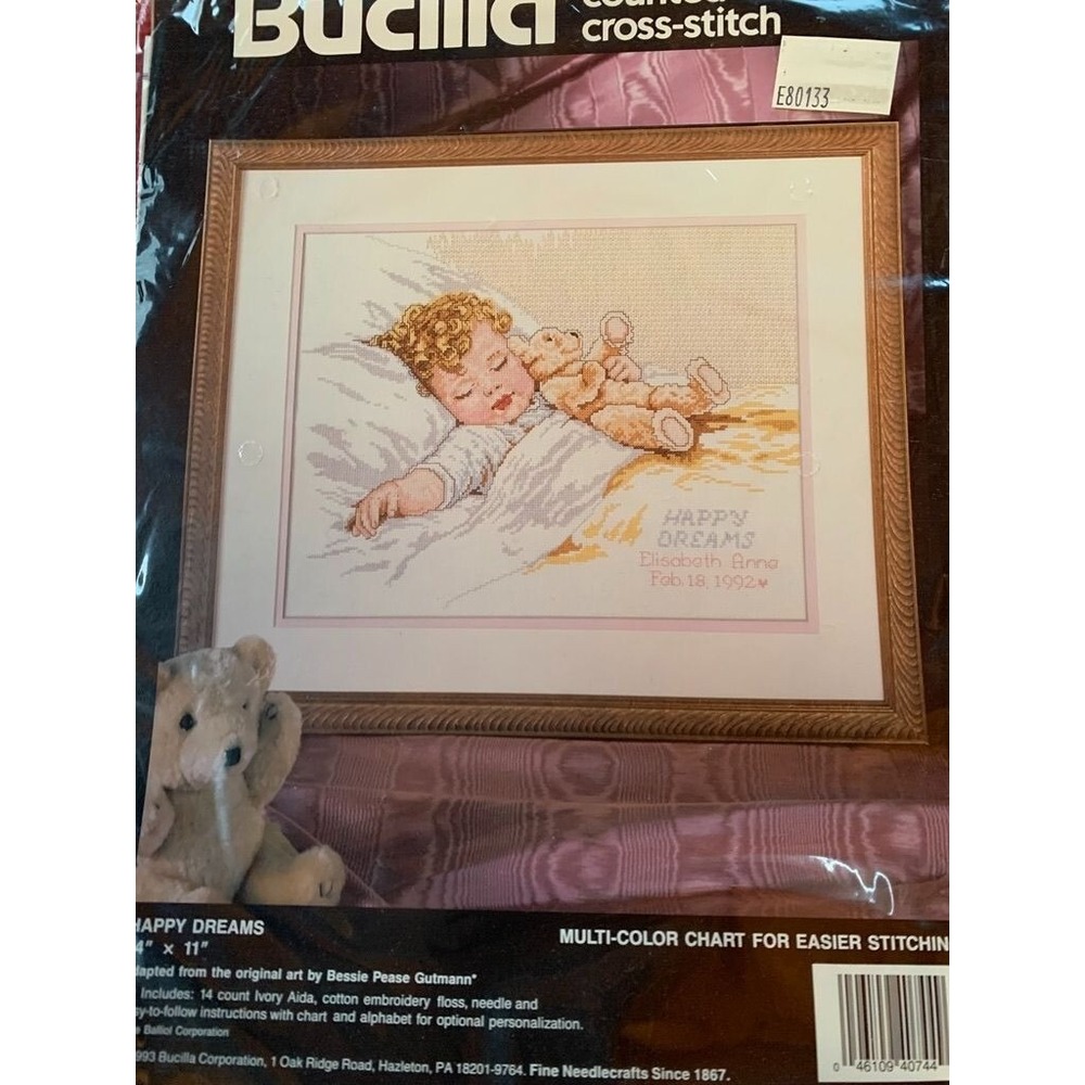 Bucilla Counted Cross-Stitch Kit "Happy Dreams" 8" x 11" Vintage Baby & Teddy Be